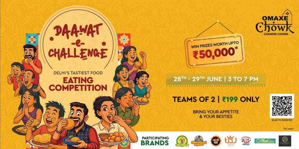 Chandni Chowk food festival, Omaxe Chowk food challenge, Daawat-e-Challenge, Delhi food competition, Street food challenge Delhi, Food eating competition Delhi, Old Delhi food event, Chandni Chowk culinary event, Omaxe Chowk Dawatpur Food Court, Delhi-NCR food competition, Golgappe eating challenge, Paratha eating competition, Grand Thali Challenge, Food vouchers cash prizes, June 28 29 food event, Jatin Goel Omaxe Group, Jung Bahadur Kachori, Kuremal's Kulfi, Chaat Town, Paranthe Wali Gali food, Amritsari Express Omaxe Chowk, Ghoomar Cafe Chennai, Chandni Chowk events, Food events Delhi, Delhi food scene, Old Delhi culinary traditions, Food enthusiast event, Gastronomic competition, Fun food event Delhi, Community food celebration, Register Daawat-e-Challenge, Daawat-e-Challenge entry fee, Omaxe Chowk timings, Things to do Chandni Chowk,
